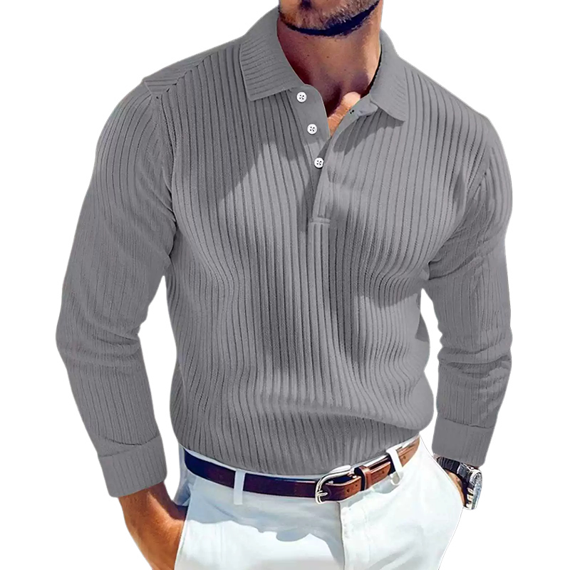 Men's Solid Color Knitted Slim Fit Lapel Long Sleeve POLO Shirt MTA0925I6X