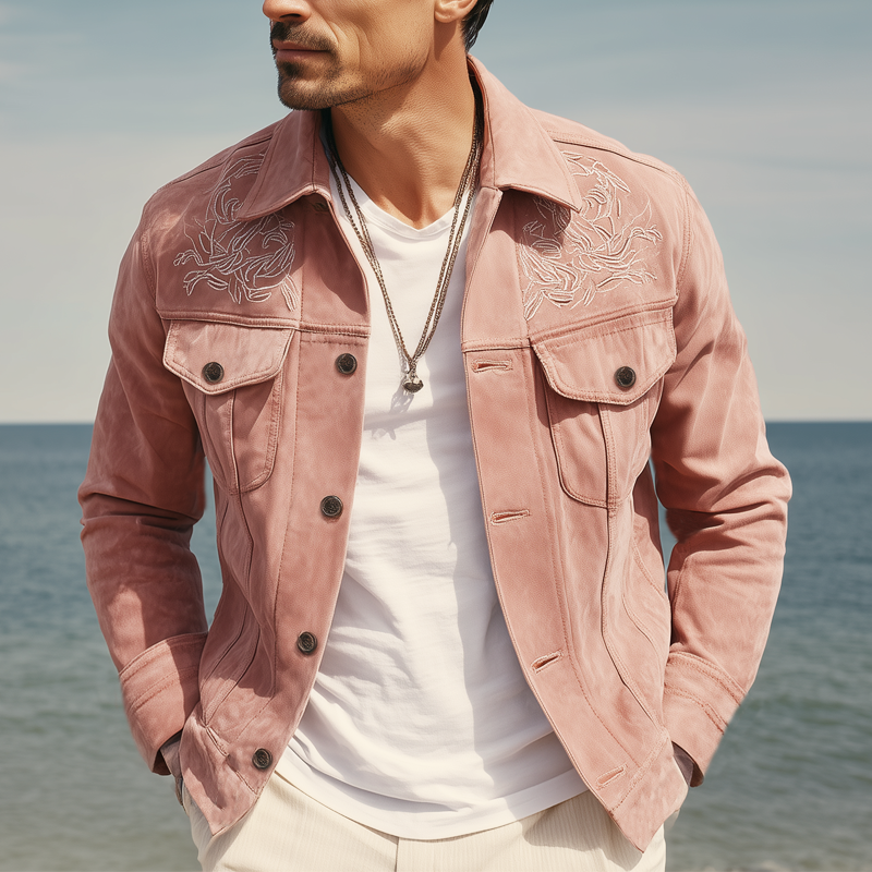 Men's Vintage Embroidered Light Pink Suede Jacket MTA0688H2U