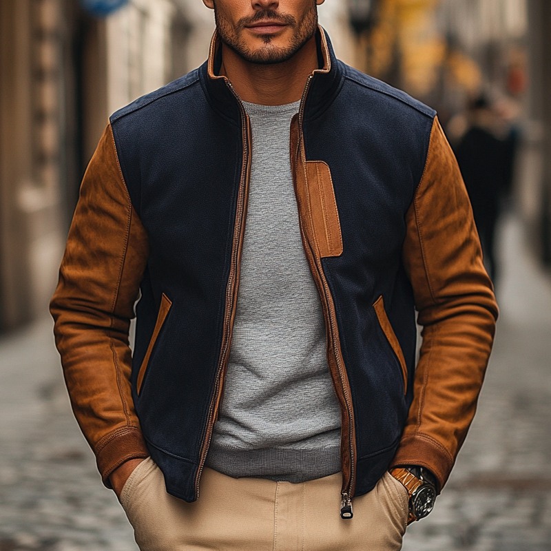 Men's Contrasting Faux Suede Stand Collar Jacket MTA2629H5X