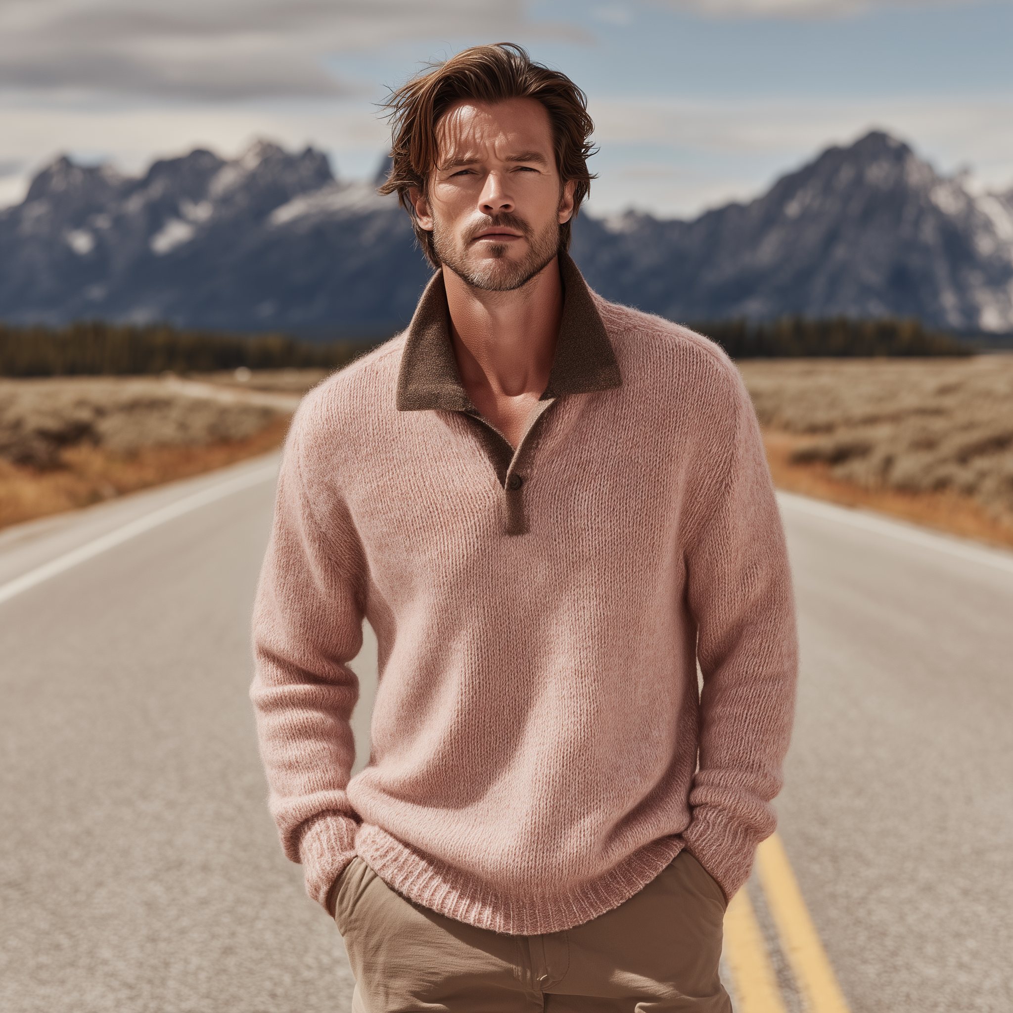 Men's Classic Casual Lapel Contrast Color Pink Knit Sweater MTA2925H7K