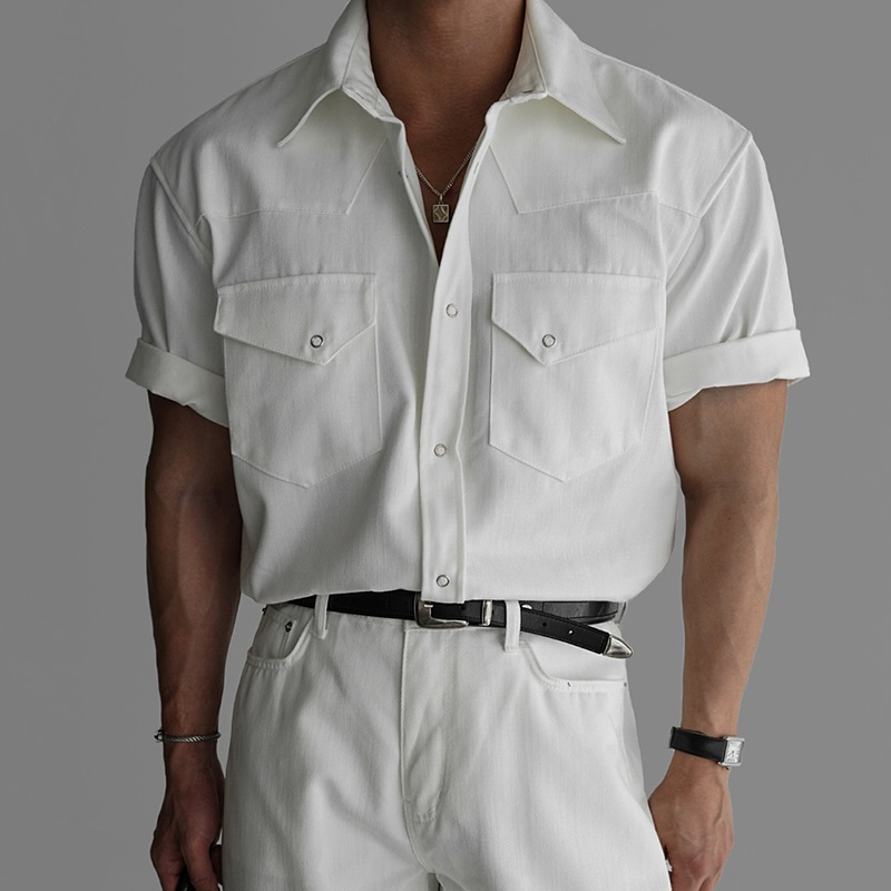 Men's Solid Lapel Chest Pocket Short Sleeve Shirt MTA0653E9Z