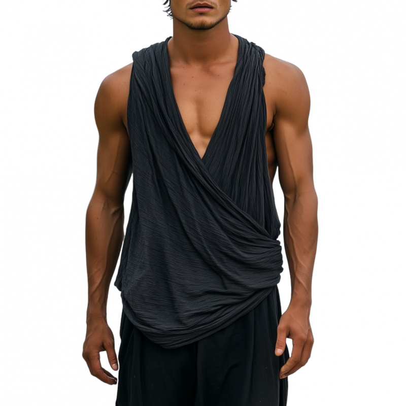 Men's Fashion Solid Color Breathable Cotton Pleated Cross Loose Tank Top MTA2058F8M