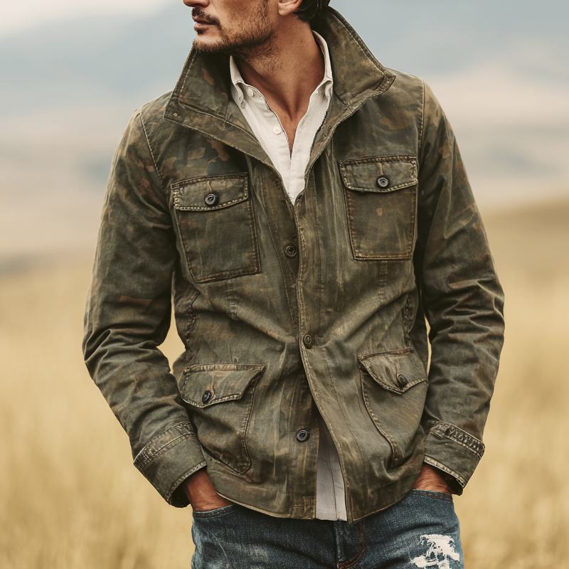 Men's Washed Camouflage Cotton Stand Collar Multi-pocket Cargo Jacket MTA0126I0Z