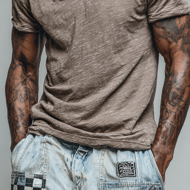 Men's Cotton Blend Plaid Print V-neck Short-sleeved T-shirt MTA1962F8X