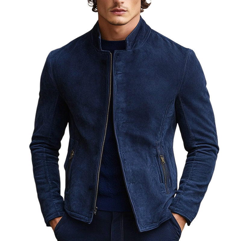 Men's Solid Faux Suede Stand Collar Zip-Up Jacket MTA2643H7X