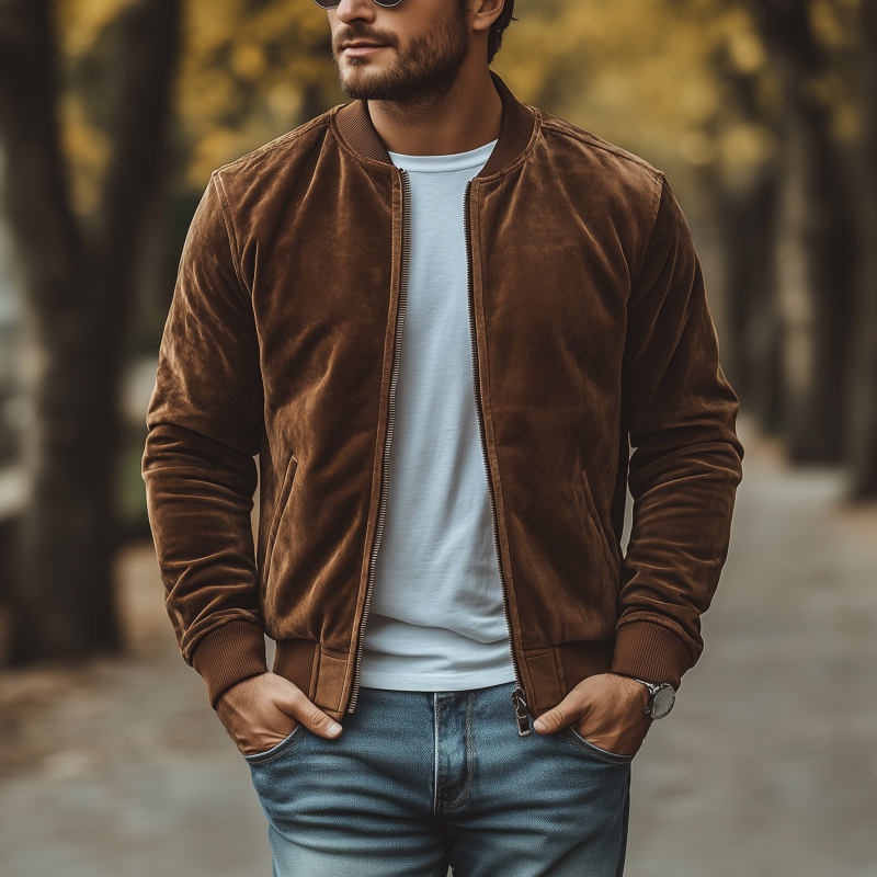 Men's Casual Solid Color Velvet Stand Collar Zipper Placket Loose Baseball Jacket MTA1404H9M