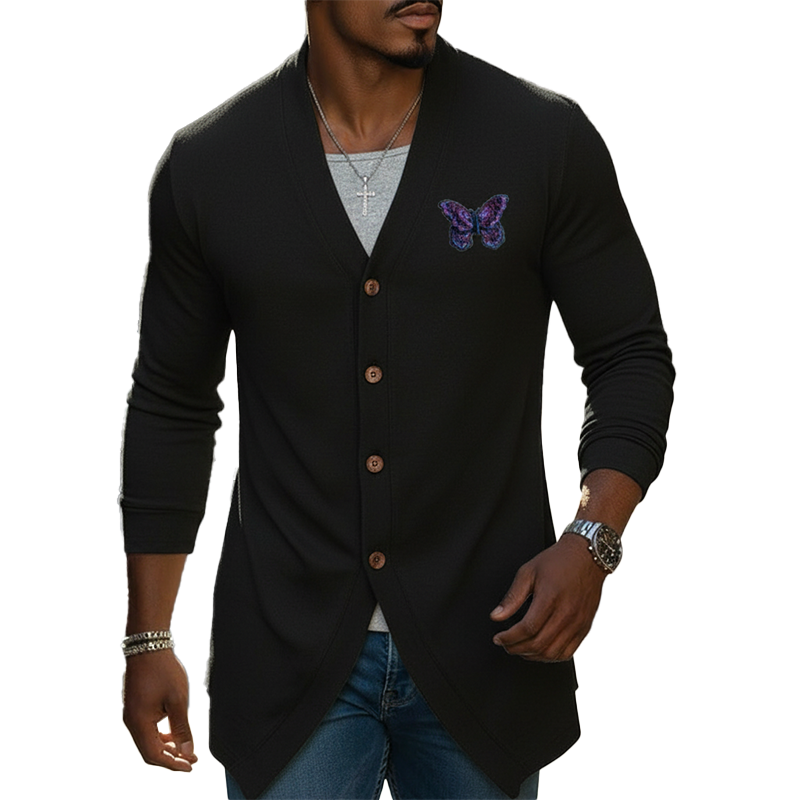 Men's Spring Fashion Butterfly Embroidery Cotton Blend Button-Up Thin Cardigan MTZ0703A0P