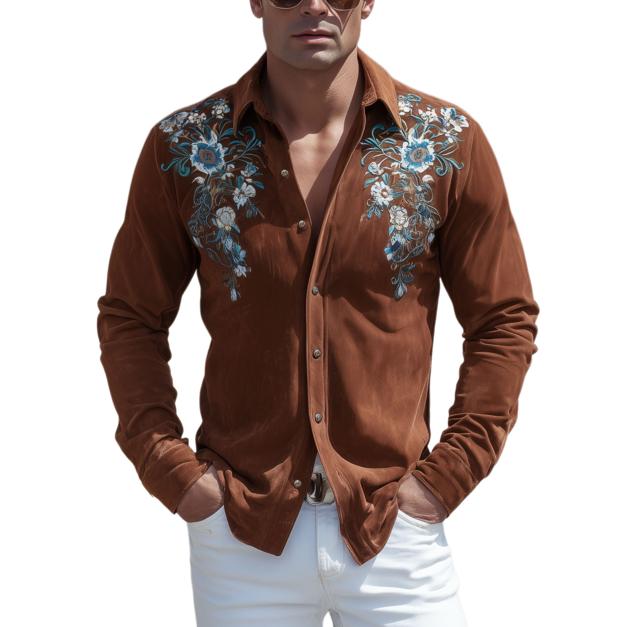 Men's Classic Retro Western Suede Embroidered Slim Fit Long Sleeve Shirt MTA1438H7K