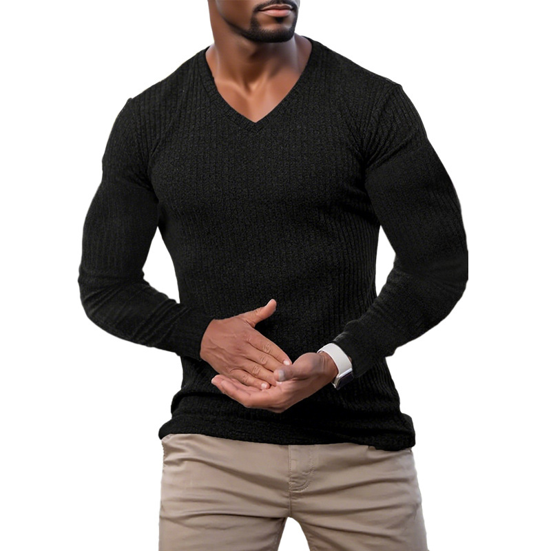 Men's Knitted Striped Textured V-neck Sweater MTA2821G0X