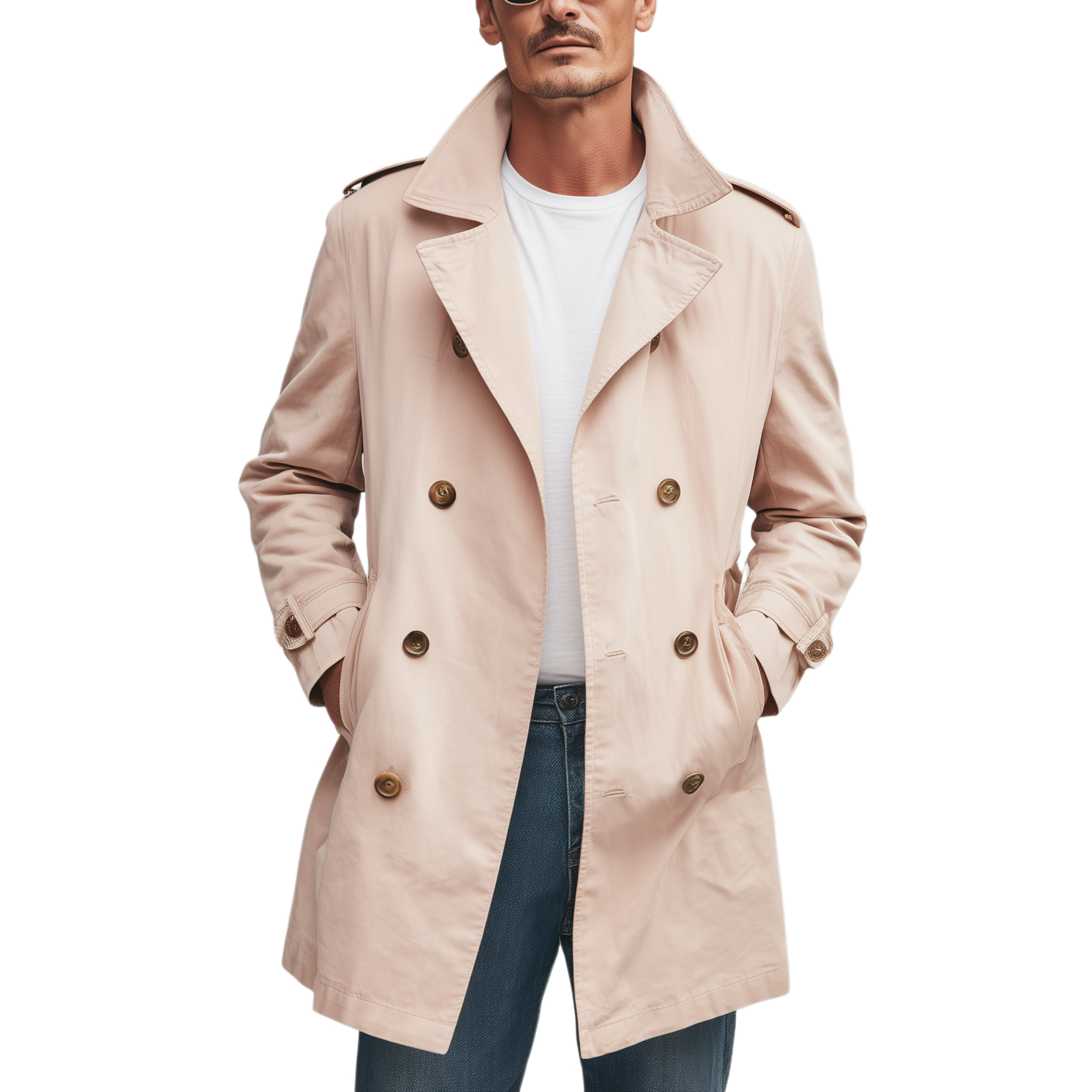 Men's Classic American Retro Lapel Pink Cotton Twill Double-breasted Thigh-length Trench Coat MTA1460H5K