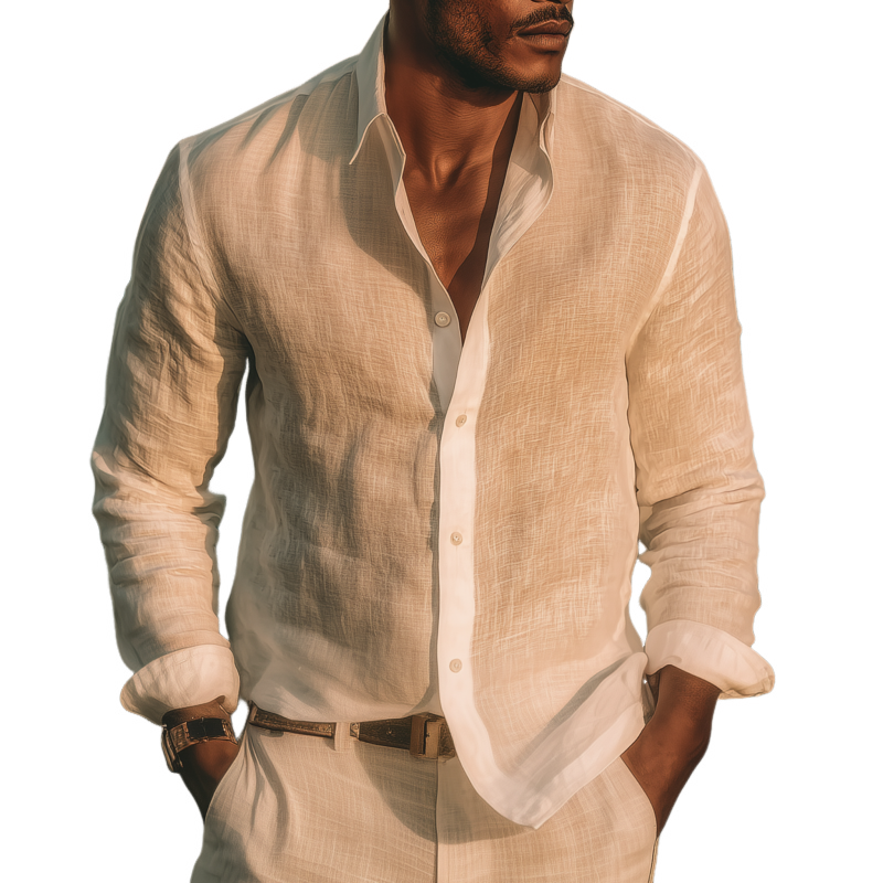 Men's Fashion Solid Color Breathable Linen Lapel Slim Fit Long Sleeve Shirt MTA0416G9M