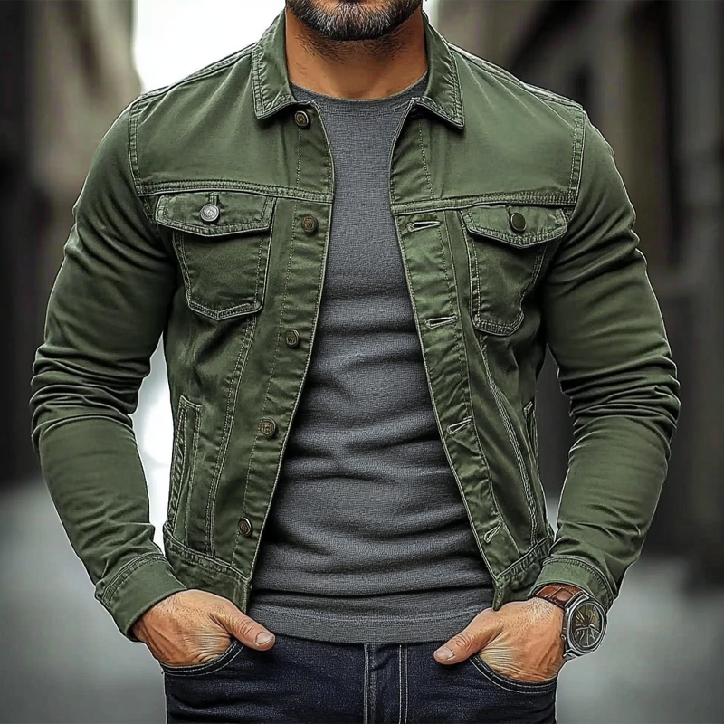 Men's Solid Color Slim Fit Single-breasted Lapel Denim Jacket MTA2042H5X