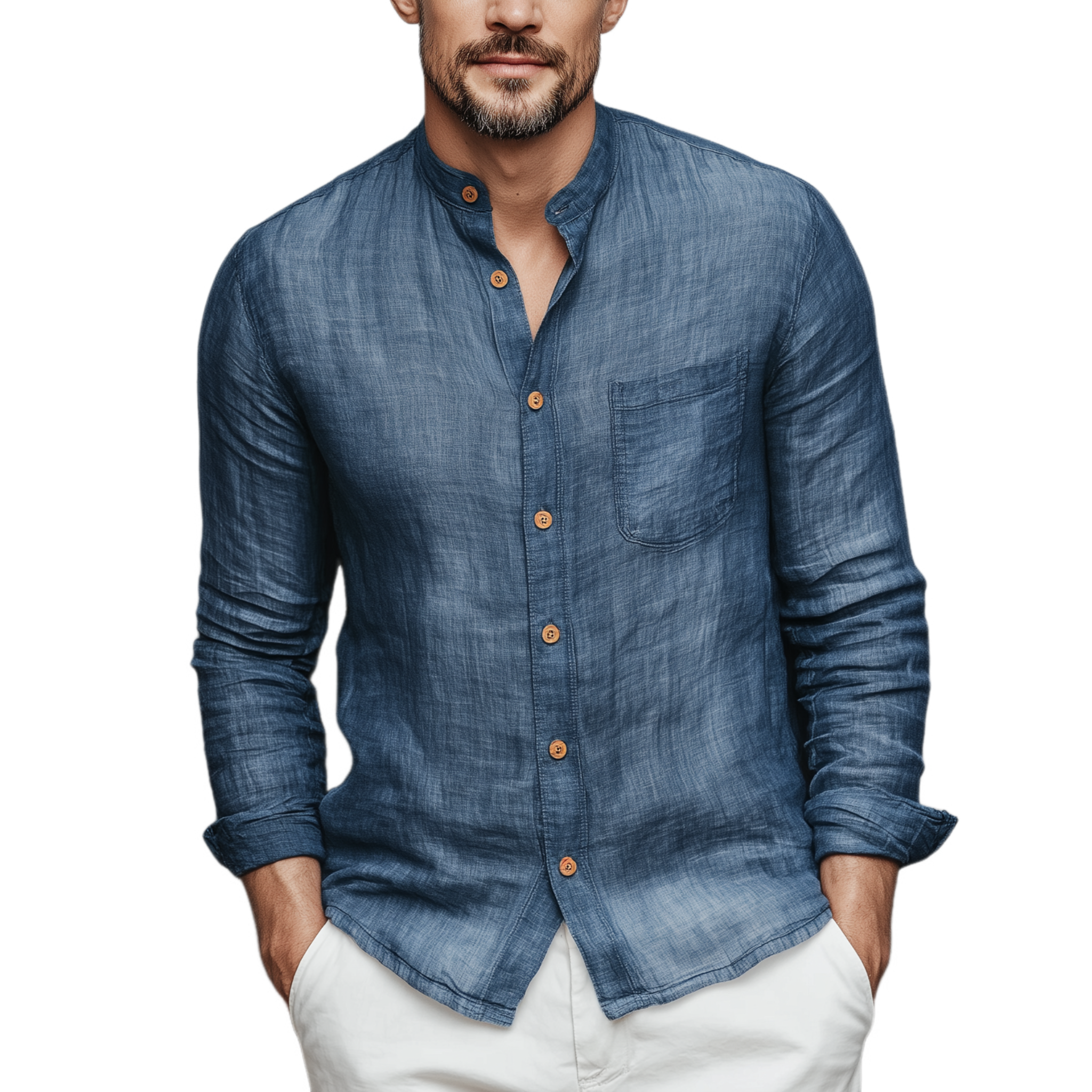Men's Classic Casual Tencel Cotton Stand Collar Long Sleeve Shirt MTA2884G9K