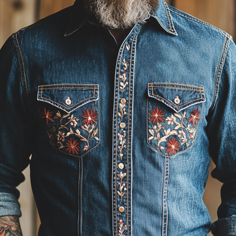 Men's Vintage Dark Blue Embroidered Washed Denim Shirt 55412521U