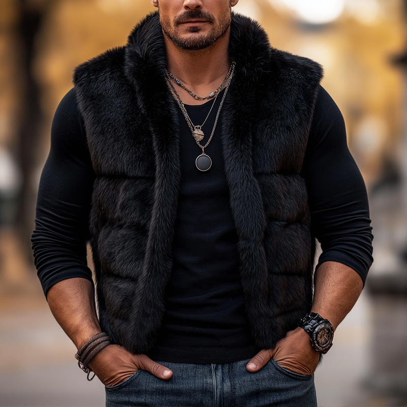 Men's Midnight Black Plush Luxe Faux Fur Vest MTA0713K7U