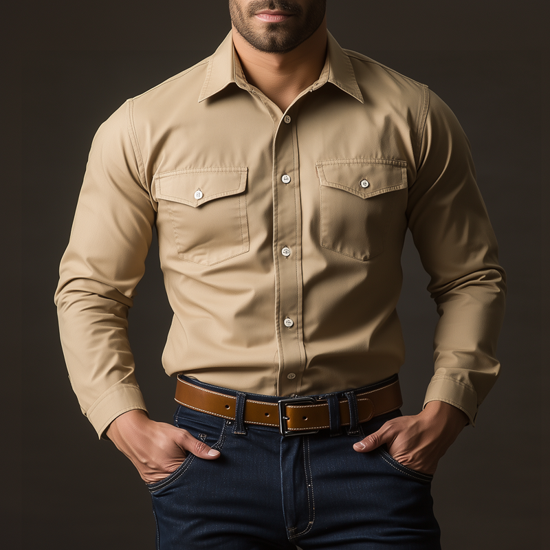 Men's Solid Color Cotton Lapel Chest Pocket Long Sleeve Cargo Shirt 50624417Z