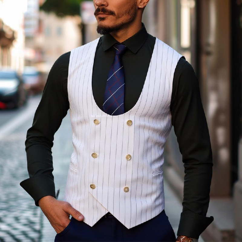 Men's Casual Striped U-Neck Double-Breasted Vest (Shirt Not Included) 16826135X