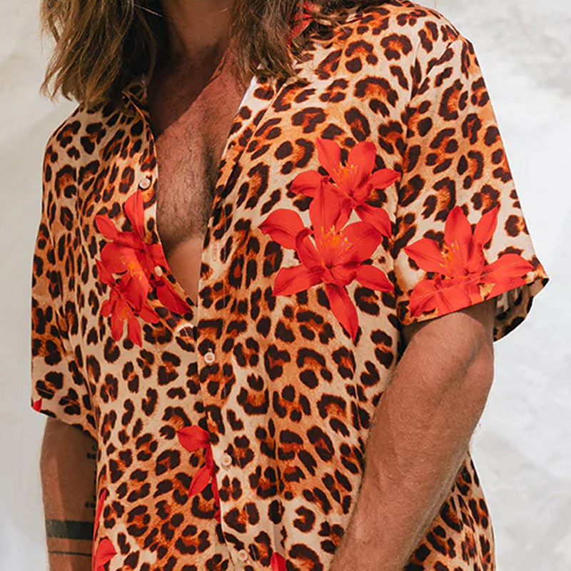 Herre vår- og sommermote, avslappet bomullsblanding, trykt leopardrose, sexy, kortermet skjorte MTA0734G4K