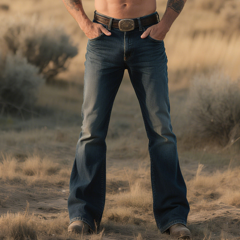 Men's Retro Western Cowboy Style Classic Ranch Washed Denim Flared Pants MTA1485E0TO