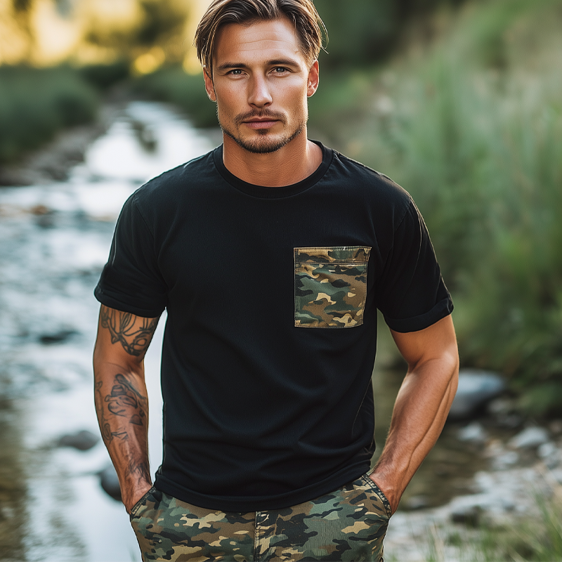 Men's Classic Round Neck Camouflage Patchwork Short Sleeve T-Shirt MTA2381F9U