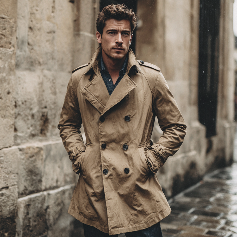 Men's Solid Color Casual Double-breasted Slim Trench Coat MTA0824H1X