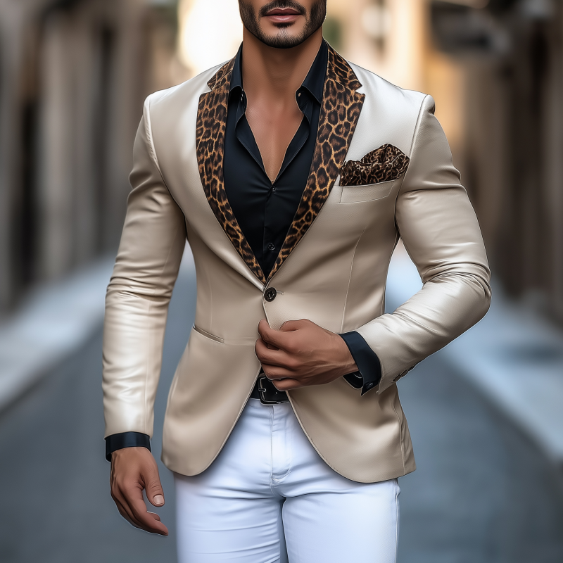 Men's Stylish Elegant Leopard Print Satin Patchwork Notch Lapel Single-breasted Slim-fit Blazer MTA0861H3M