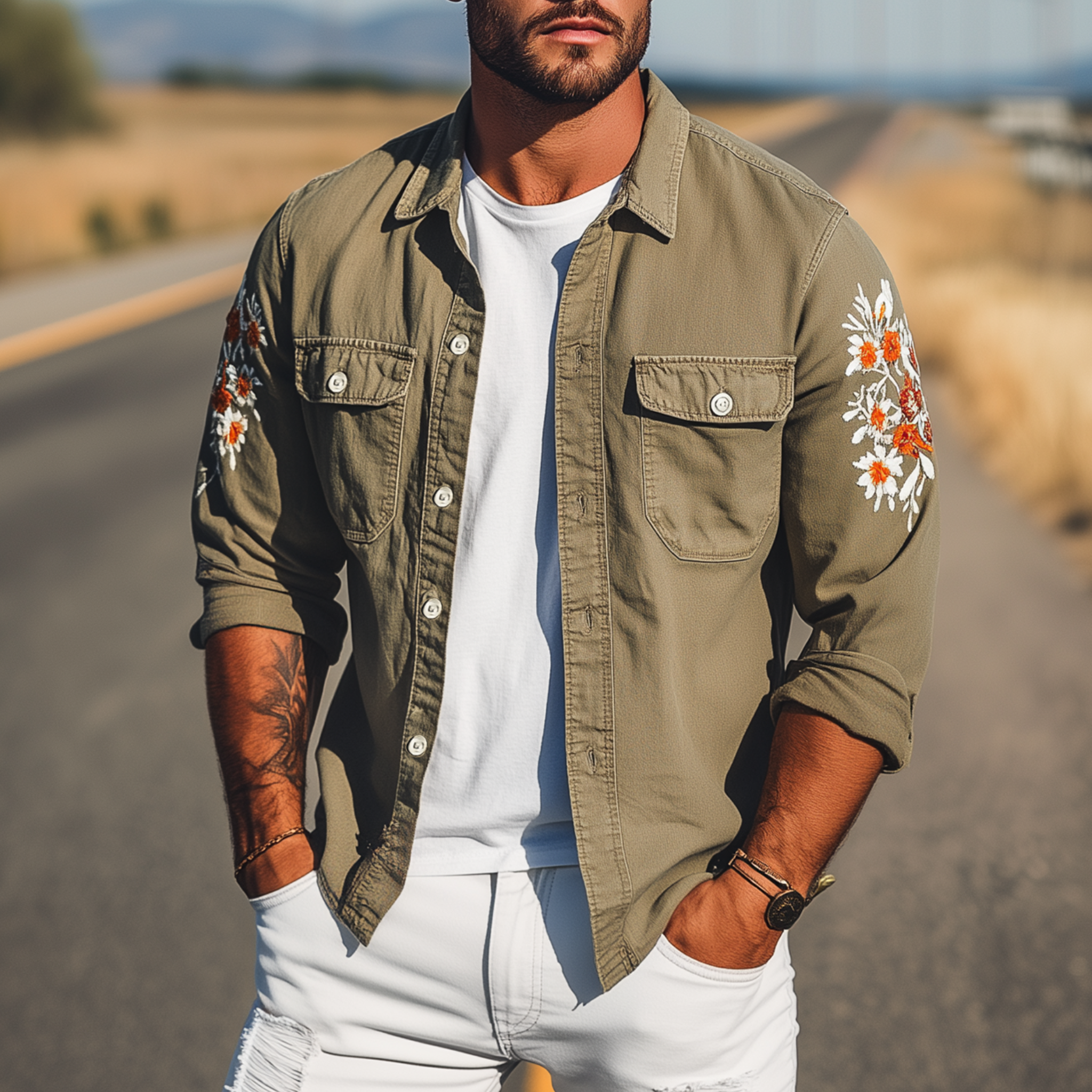Men's Vintage Casual Washed Cotton Blend Sleeve Embroidered Long Sleeve Shirt MTA1917G1K