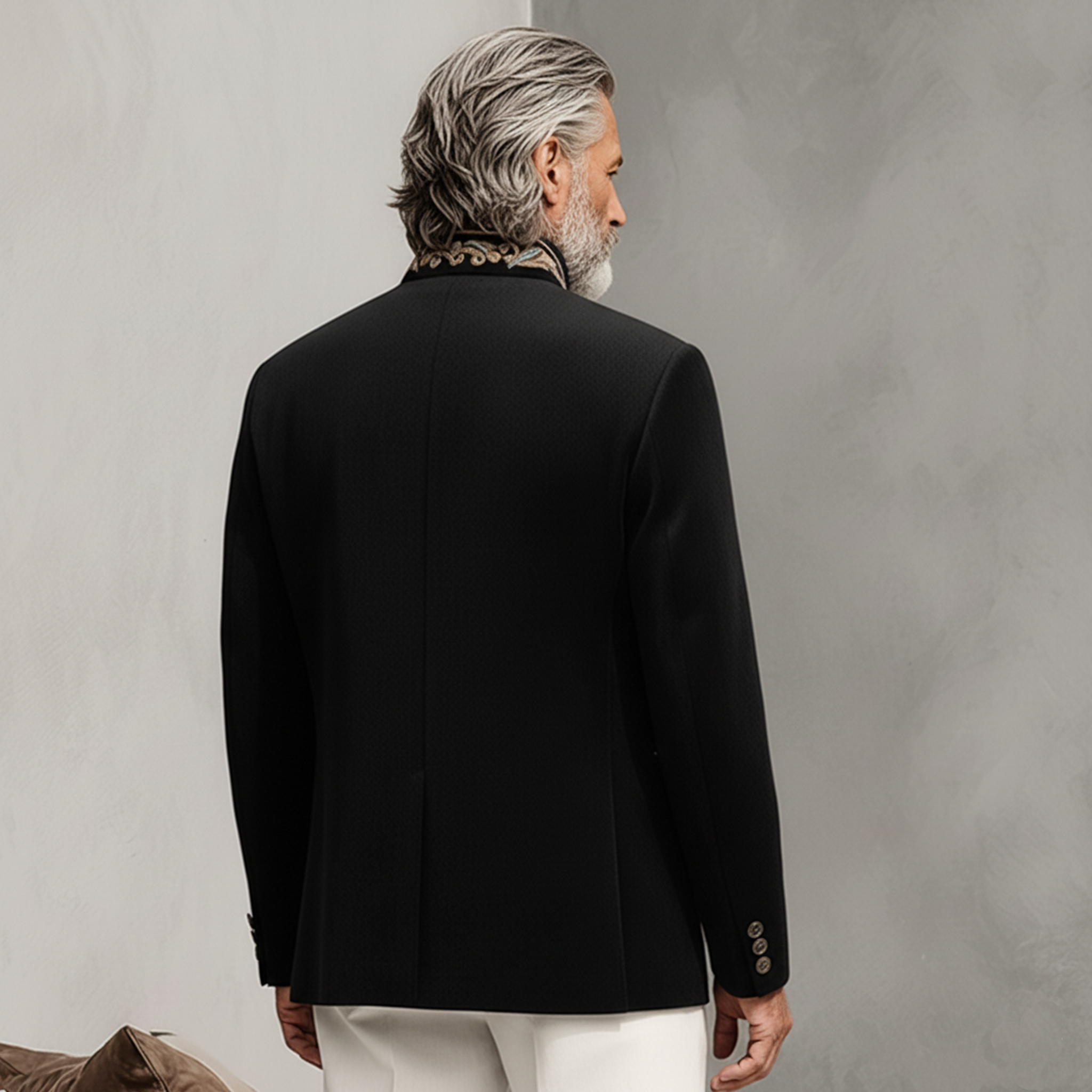 Men's Classic Retro Stand-up Collar And Embroidered Pocket Faux Velvet Single-breasted Jacket MTA0661K9K