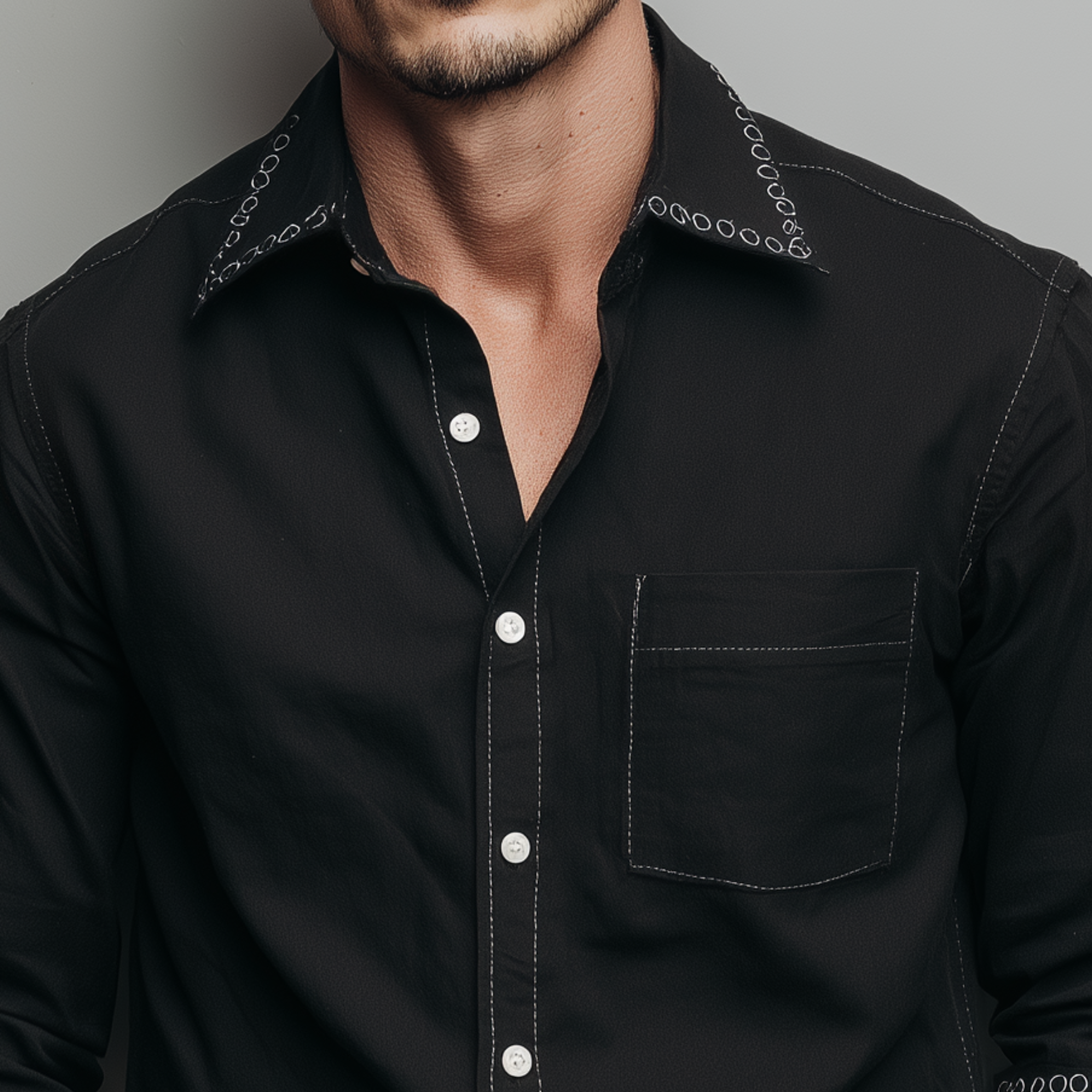 Men's Classic Casual Collar And Cuff Embroidered Cotton Blend Long Sleeve Shirt MTA3036G9K
