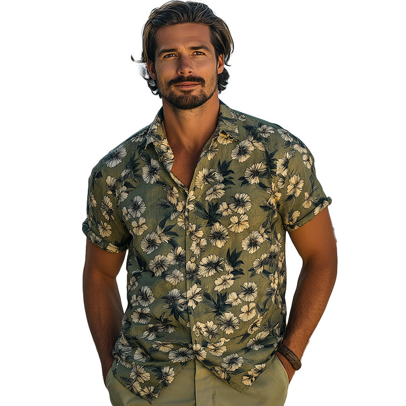 Men's Summer Fashion Breathable Printed Linen Short Sleeve Shirt MTA2733E2P