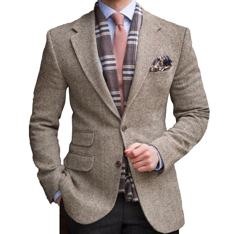 Lapel Multi-Pocket Single-Breasted Vintage Herringbone Blazer 52654611D