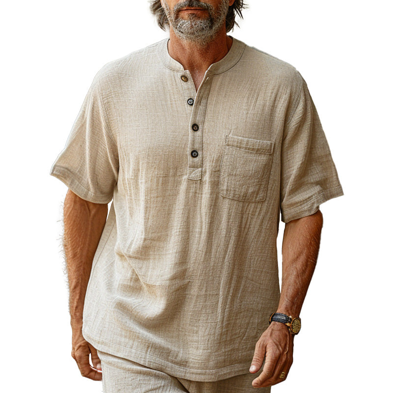 Men's Solid Linen Loose Casual Henley Shirt 81417176P