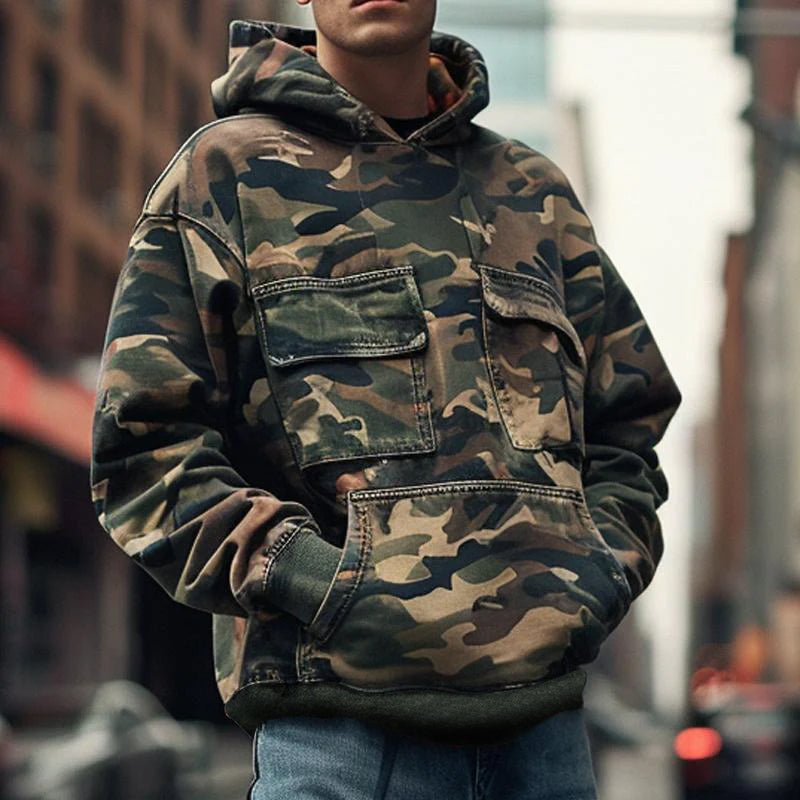 【Expédition 24 heures】Sweat à capuche à manches longues avec poche à rabat et imprimé camouflage vintage pour homme 44391826M