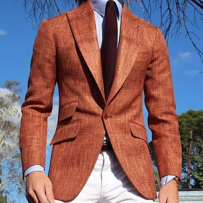 【Expédition 24 heures】Blazer à revers de couleur unie en coton et lin pour homme 41766433X