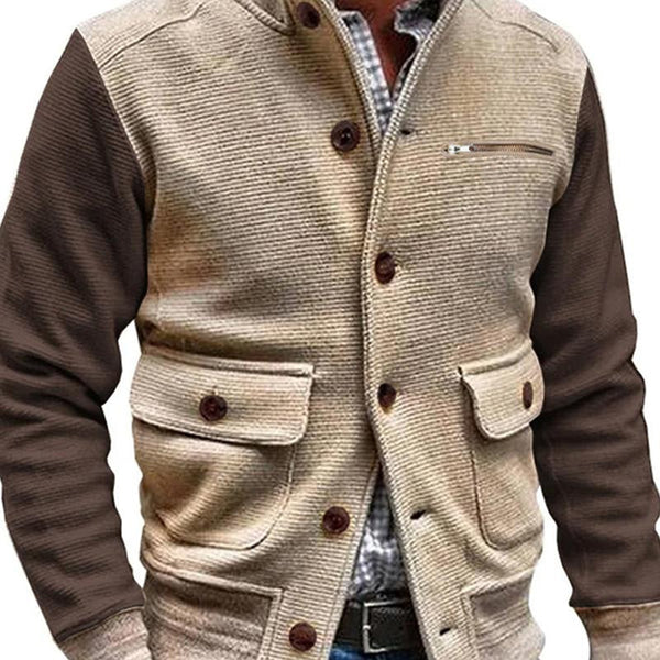 Men's Vintage Stand Collar Contrast Color Maillard Style Multi-Pocket Jacket 10385790M