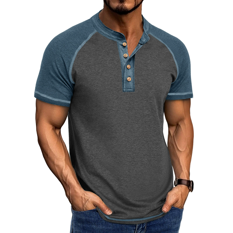 Men's Colorblock Henley Collar Raglan Short Sleeve T-shirt 70863651Z