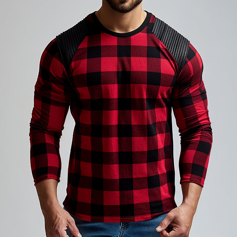 Men's Retro Casual Pleated Plaid Printed Round Neck Long Sleeve T-Shirt 24388108TO