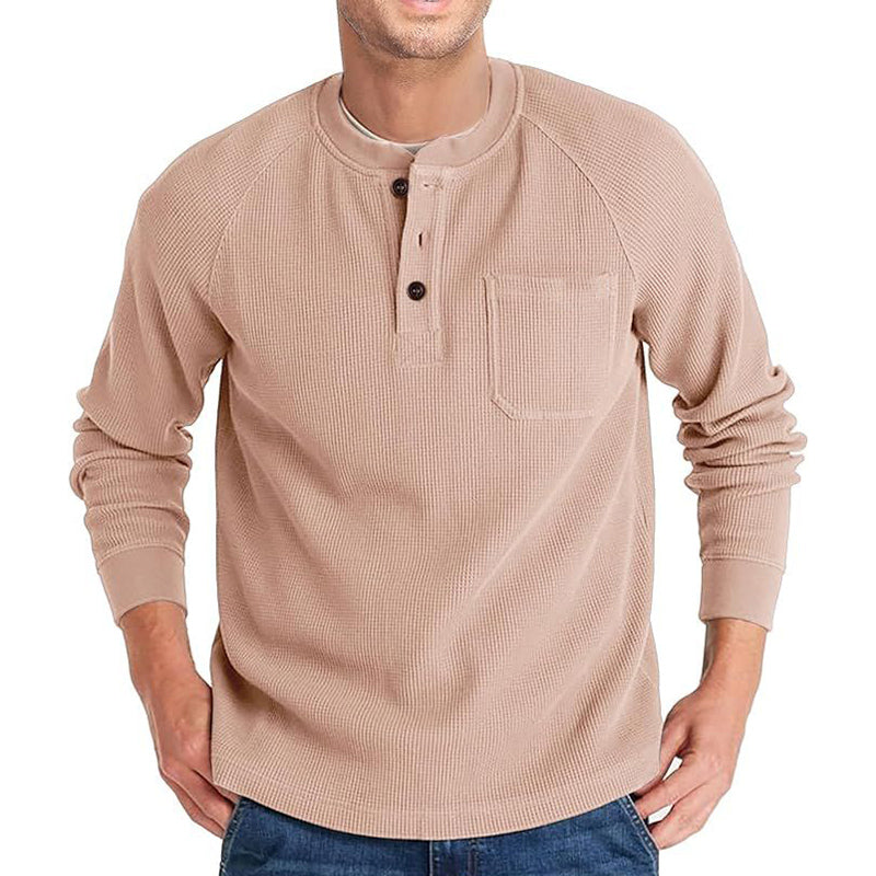 Men's Casual Pit Grid Button Round Neck Long Sleeve T-Shirt 15785328U