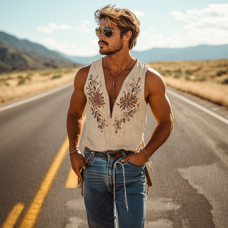 Men's American Western Cowboy Style Suede Embroidered Deep V Neck Tank Top 00494118K