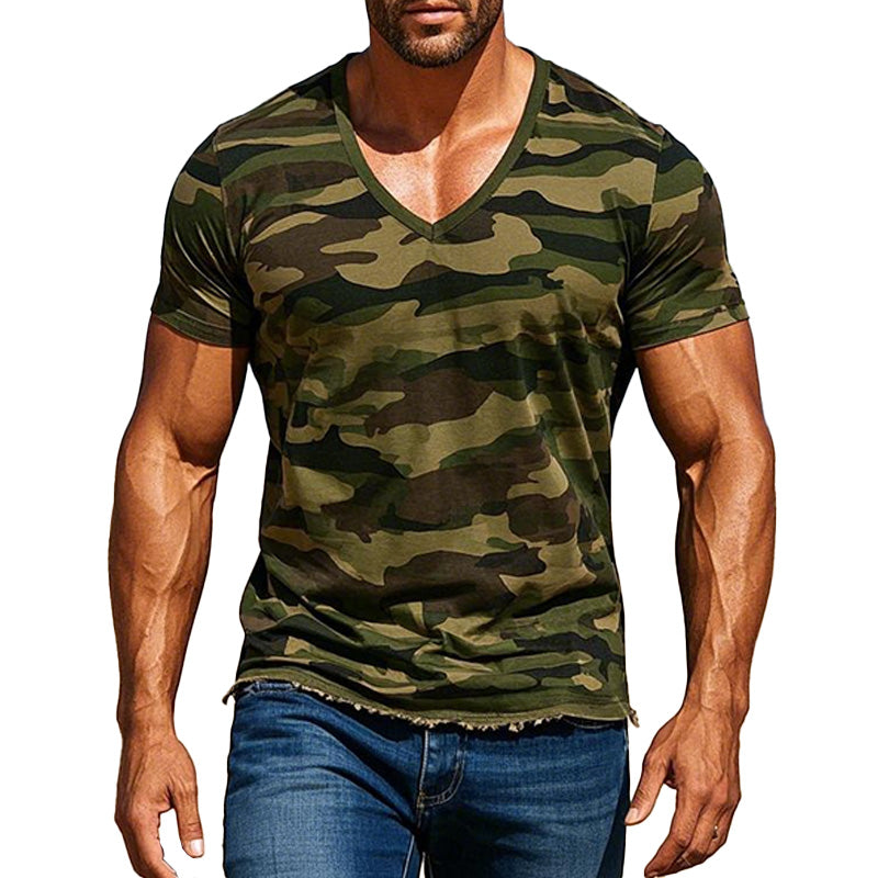 Army Green Camouflage Raw Edge Kortermet T-skjorte for menn 37413482P