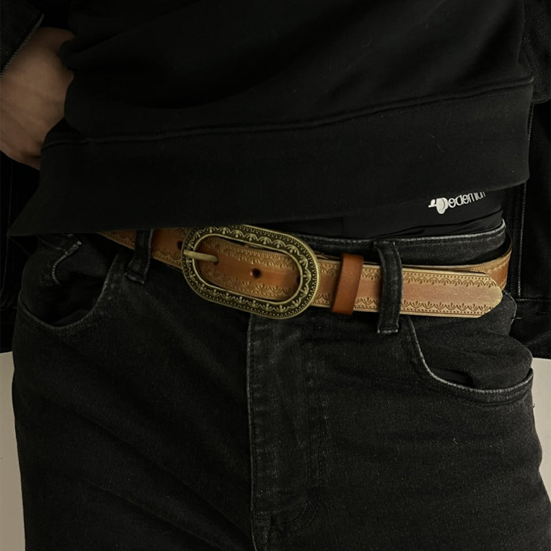 Men's Vintage Distressed Engraved Embossed Genuine Leather Belt 44748904U