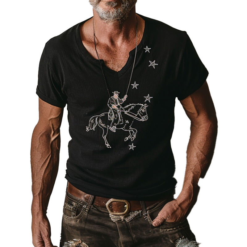 Men's black denim print short-sleeved V-neck T-shirt 24457086P