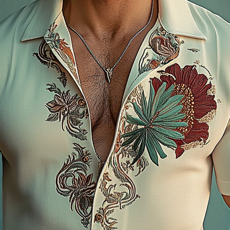 Men's Fashion Floral Embroidery Short Sleeve Shirt 39136608P