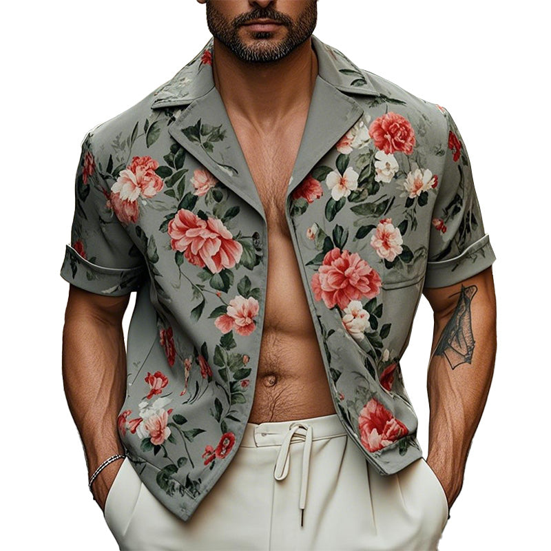 Men's Fashion Floral Print Short Sleeve Shirt Jacket 72885024P