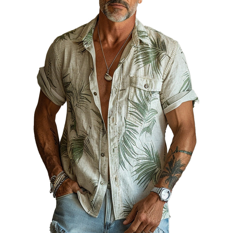 Men's off-white linen short-sleeved shirt with palm leaf print 94722278P