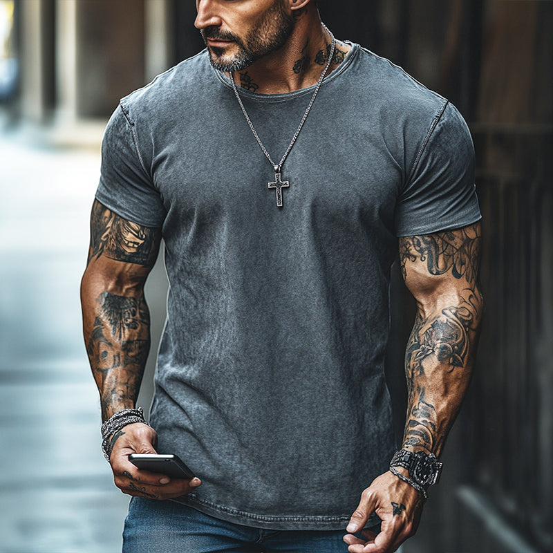 Men's Retro Casual Distressed Washed Cotton Round Neck Short Sleeve T-Shirt 73028430TO