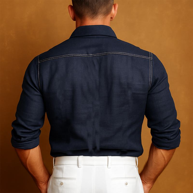 Men's Classic Cotton And Linen Embroidered Long Sleeve Shirt MTA1710G6U