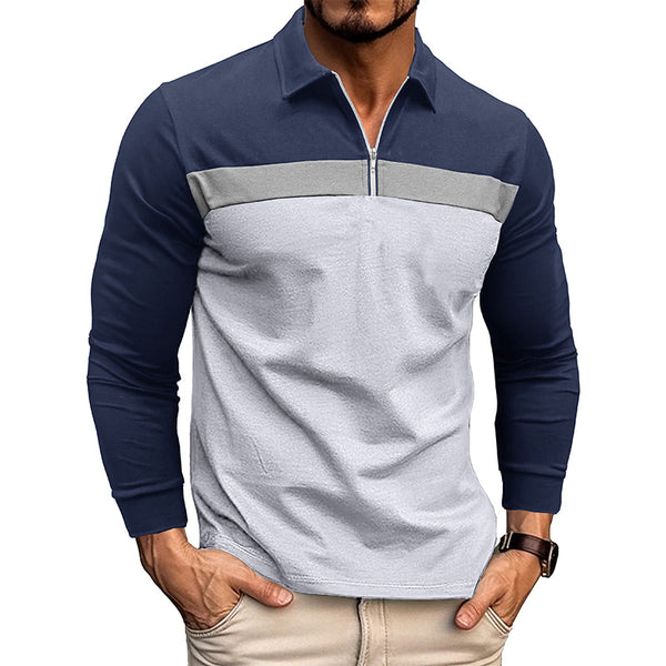 Men's Lapel Color Block Polo Long Sleeve Shirt 51990862X