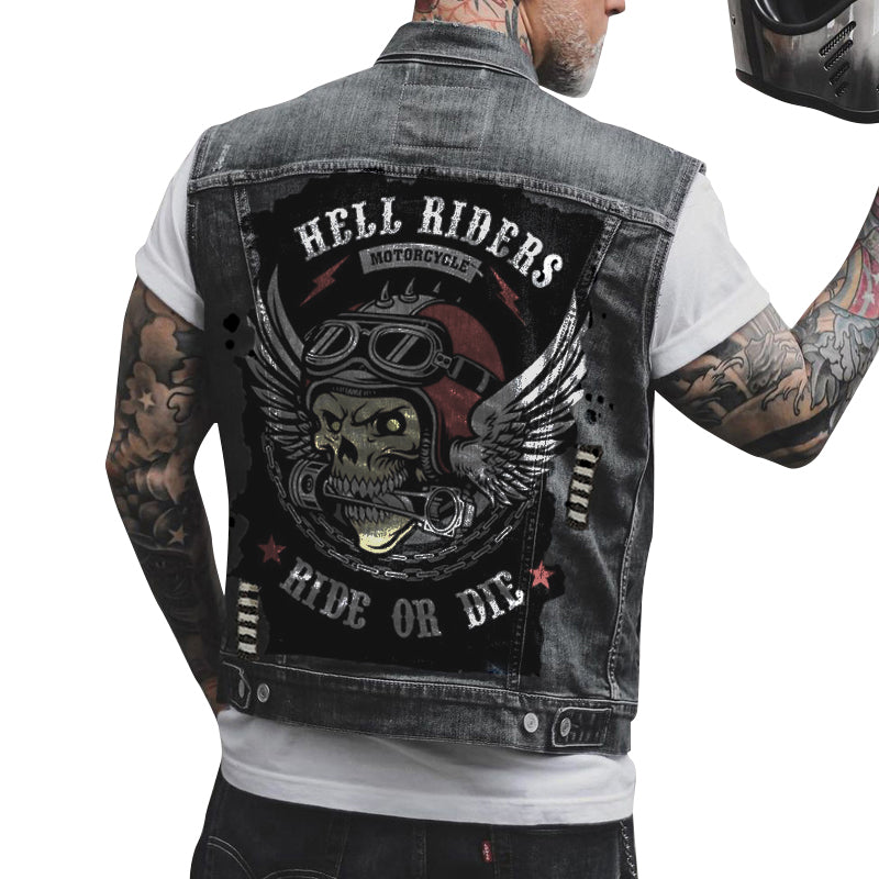 Men's Vintage Motorcycle Skull Print Motorcycle Denim Vest 61636733Y