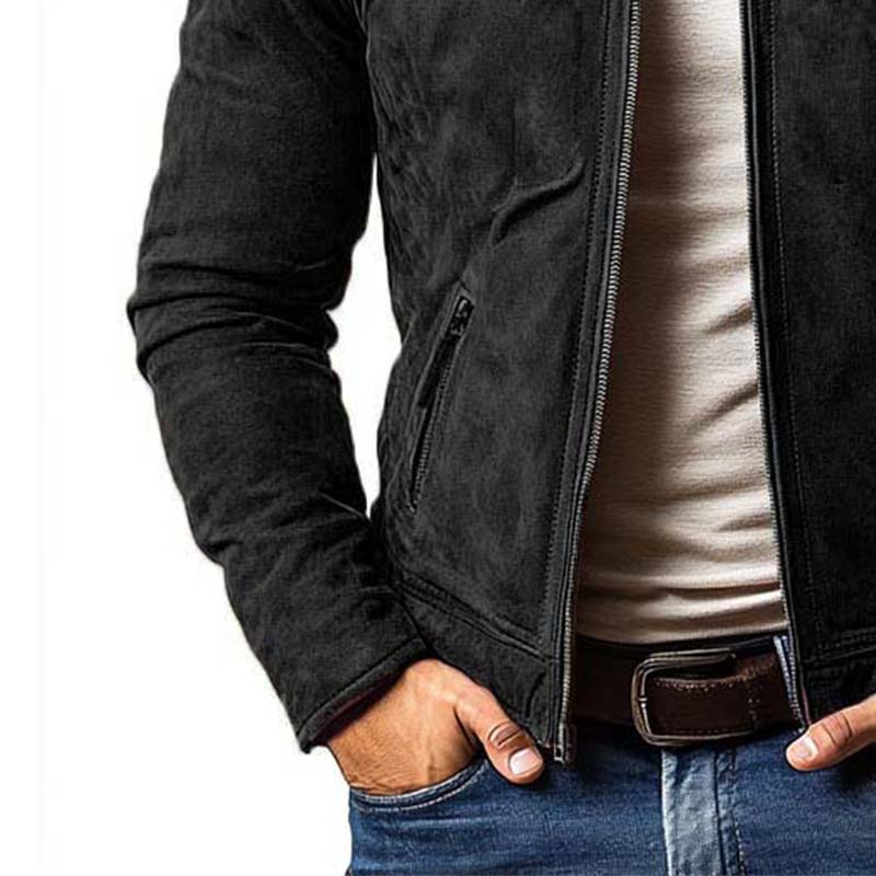 Klassische, lässige Wildlederjacke für Herren im Slim Fit mit Reißverschluss und mehreren Taschen, Stehkragen, 21868311K